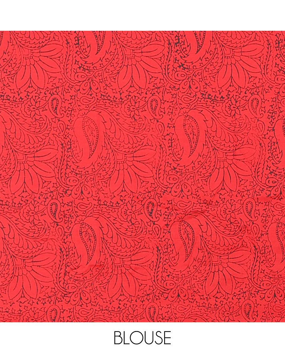 Borderless black rangoli-style chakram motifs printed South cotton saree with a matching blouse, and a contrast floral printed blouse - Image 4