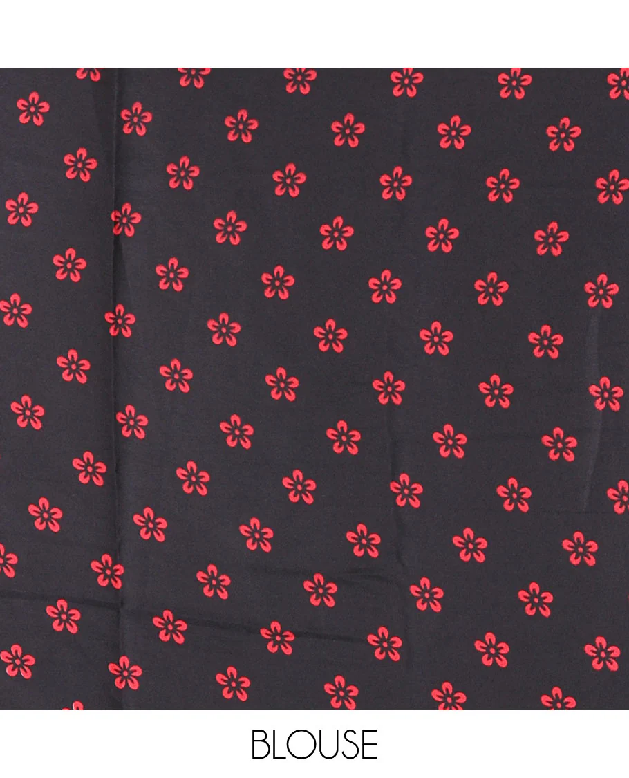 Borderless black-red batik style abstract digital printed satin crepe saree with blouse of small buttas - Image 4