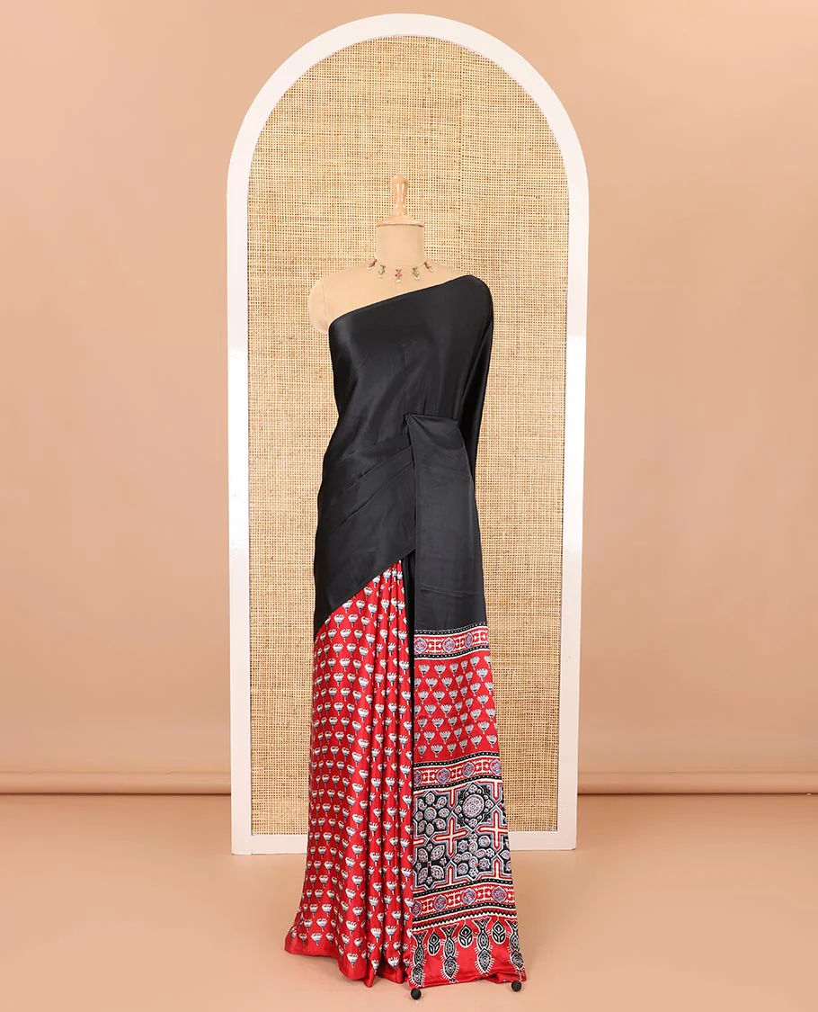 Borderless black-red half-and-half style, intricately Ajrakh printed satin crepe saree with a contrast lotus floral printed blouse - Image 2