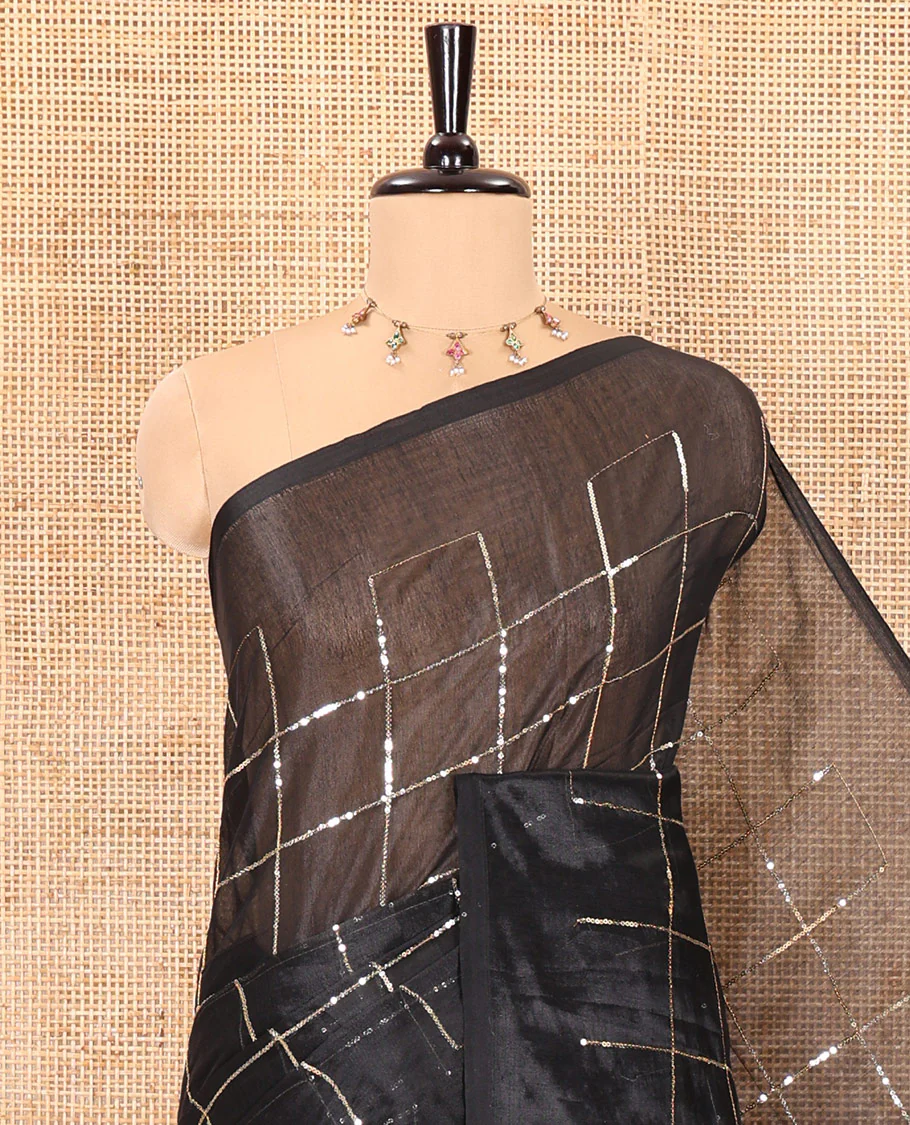 Borderless black sequins embroidered checked khadi tissue saree, self-pallu, and a plain matching blouse - Image 2