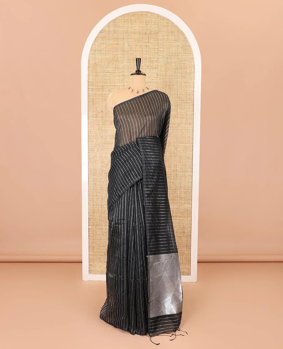 Borderless black silver zari vertically striped khadi mul cotton saree, gleaming zari pallu and a matching blouse - Image 2