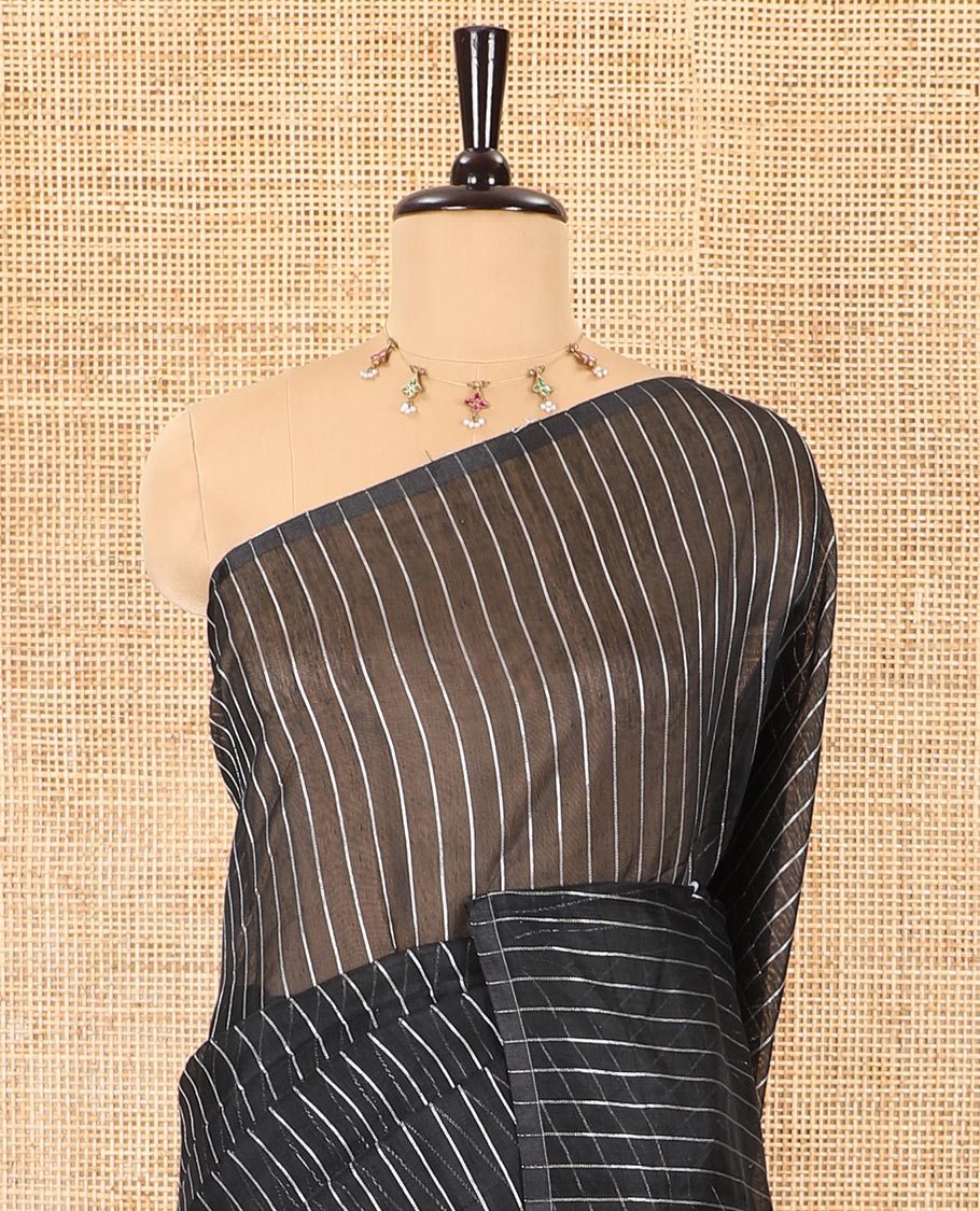 Borderless black silver zari vertically striped khadi mul cotton saree, gleaming zari pallu and a matching blouse - Image 3