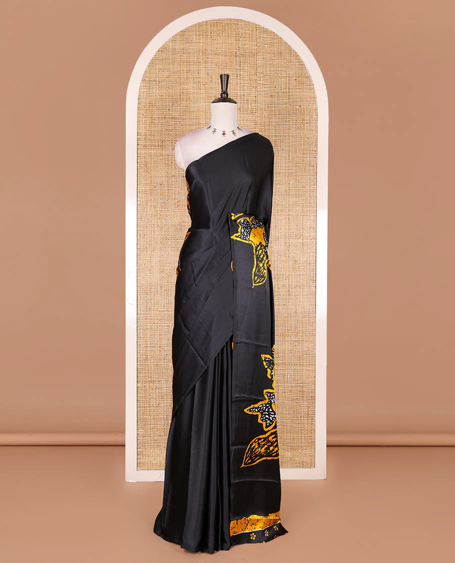 Borderless black-yellow batik style abstract digital printed satin crepe saree with blouse of small buttas - Image 2