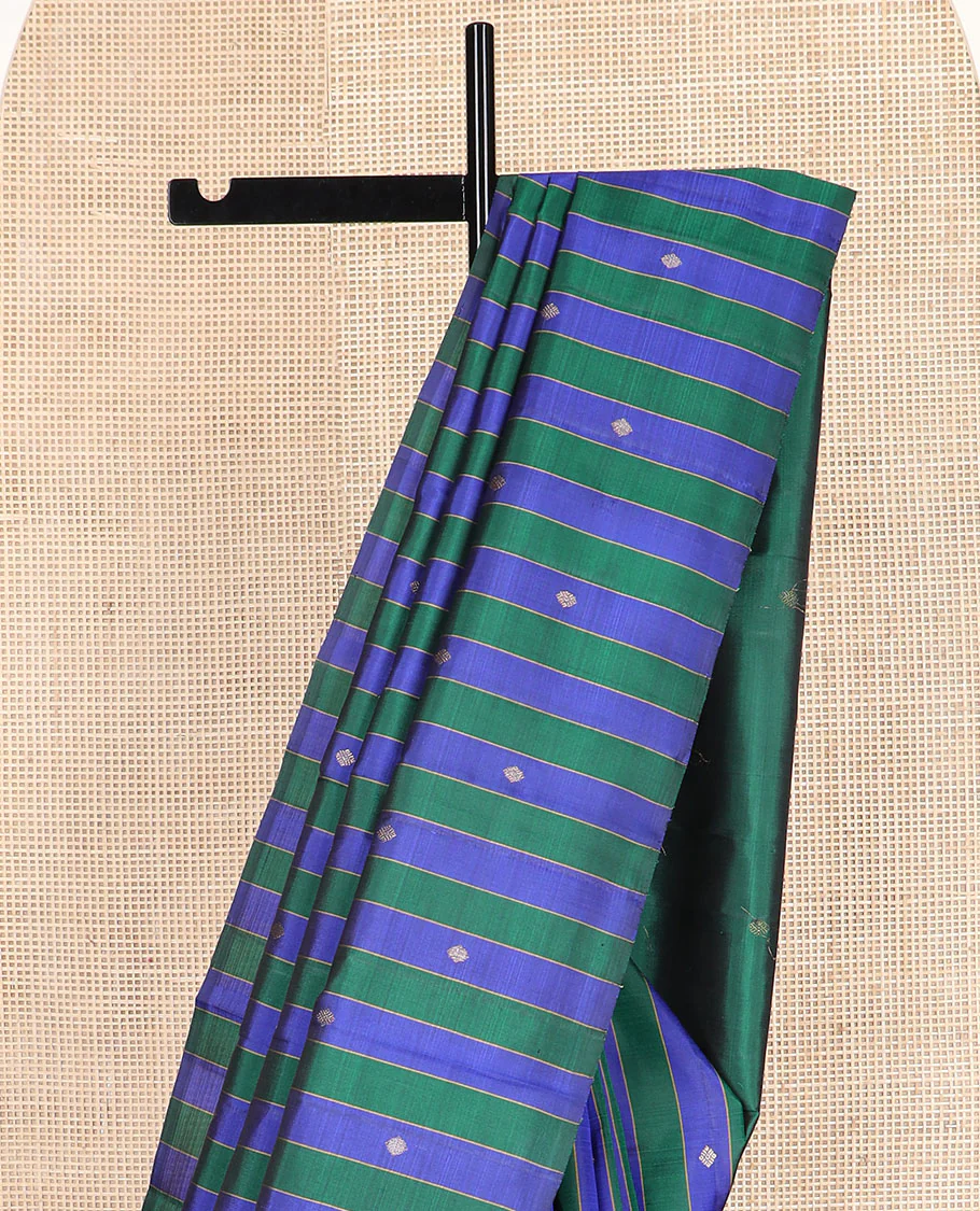 Borderless blue and green striped and buttas Kanchipuram silk saree, self-pallu features zari buttas - Image 2