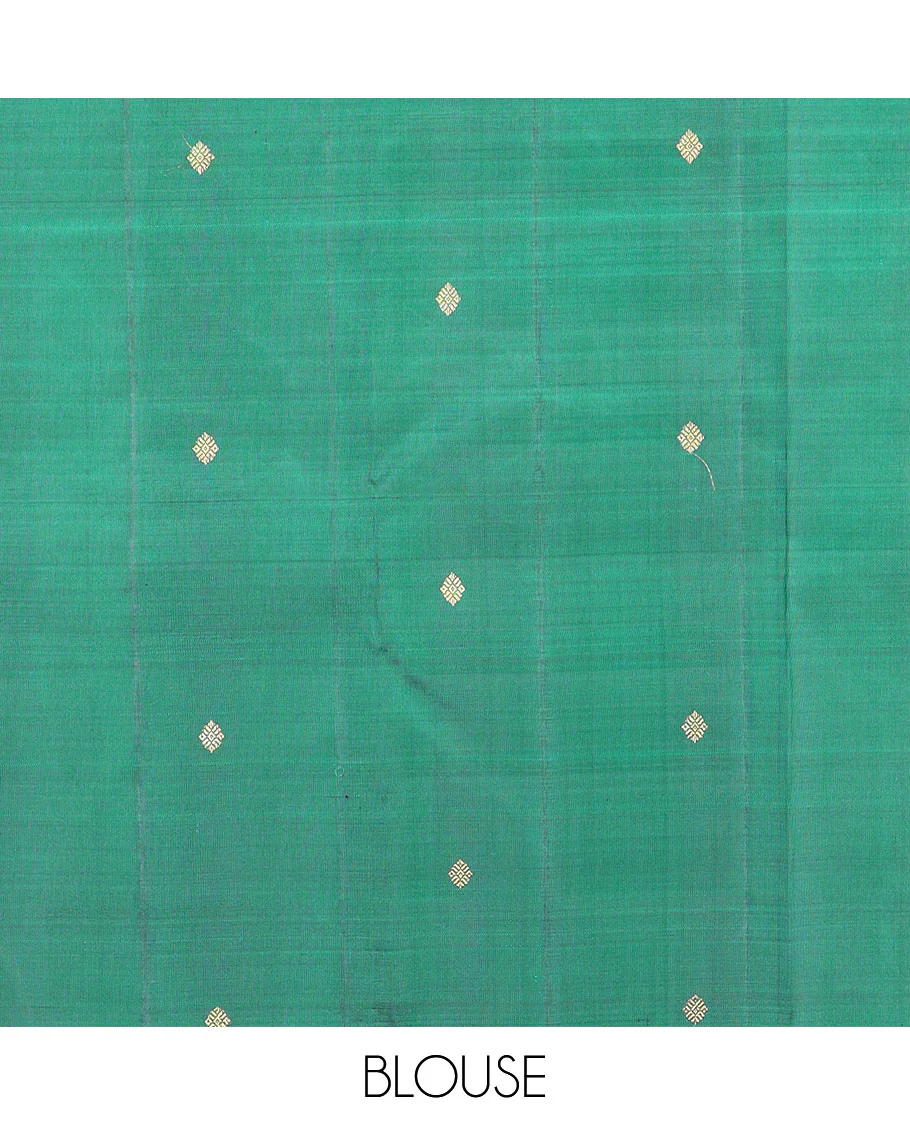 Borderless blue and green striped and buttas Kanchipuram silk saree, self-pallu features zari buttas - Image 4