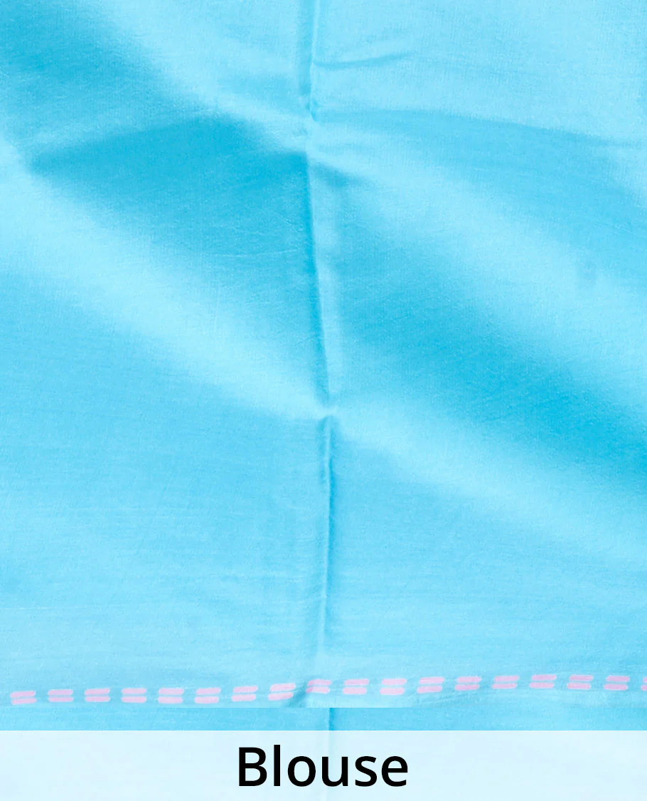 Borderless blue big polka dotted printed silk saree, sparsely polka dots printed pallu - Image 5