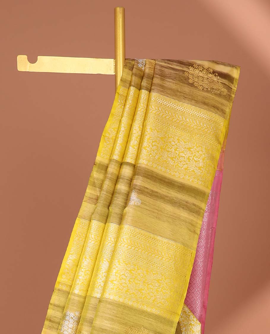 Borderless mustard buttas Kanchipuram silk saree, contrast intricate designs woven pallu - Image 3