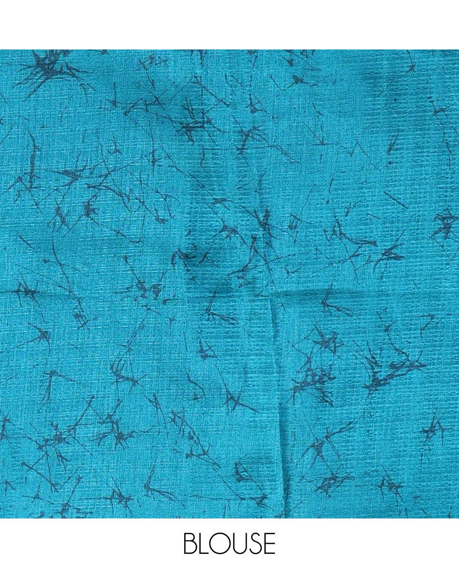 Borderless blue fancy motifs batik-printed art khadi silk saree, contrast printed pallu, and a printed blouse - Image 3