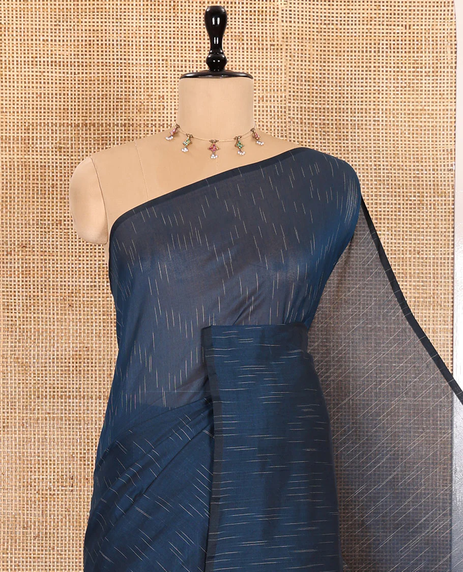 Borderless Blue Khadi Mul Cotton Saree Decked with Jharna-Style Waterdrop Motifs, Featuring a Gleaming Zari-Woven Pallu, Paired with a Matching Blouse Replicating the Body Motifs - Image 2