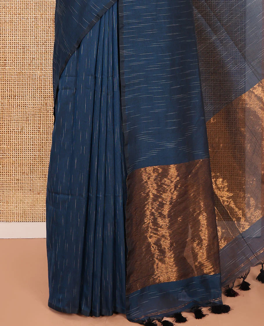 Borderless Blue Khadi Mul Cotton Saree Decked with Jharna-Style Waterdrop Motifs, Featuring a Gleaming Zari-Woven Pallu, Paired with a Matching Blouse Replicating the Body Motifs - Image 3