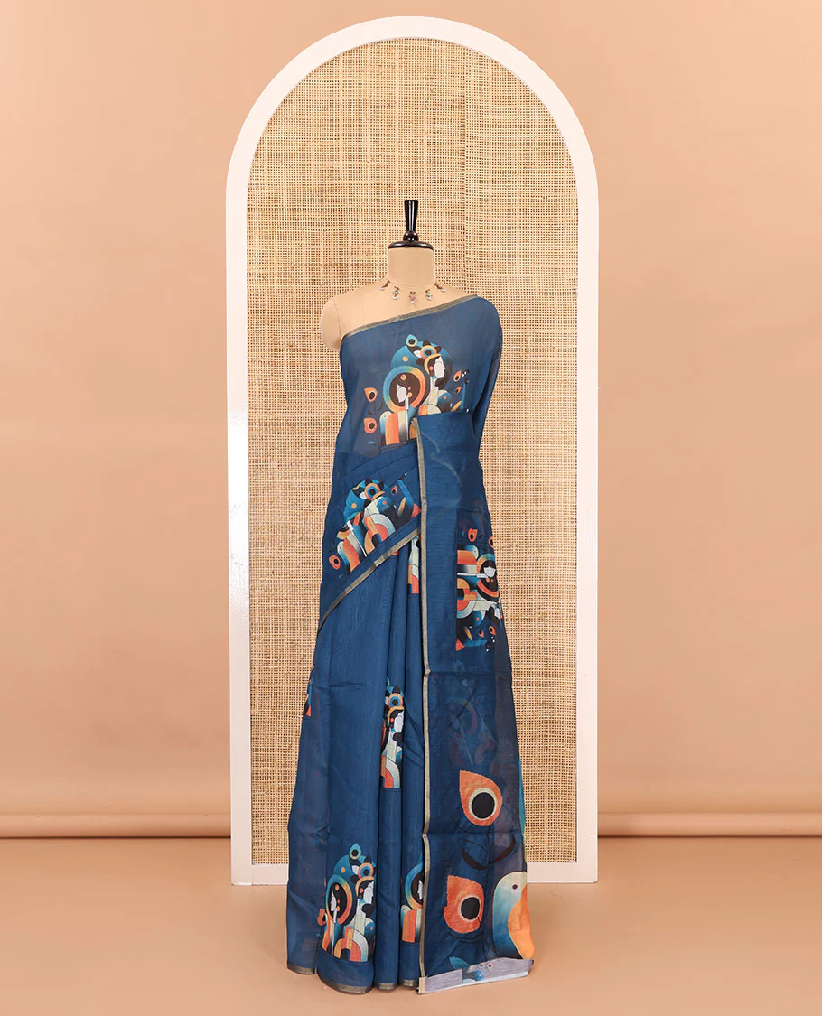 Borderless blue modern art style Radha Krishna motifs printed chanderi cotton saree, big Radha Krishna motifs printed pallu and a contrast printed blouse - Image 2