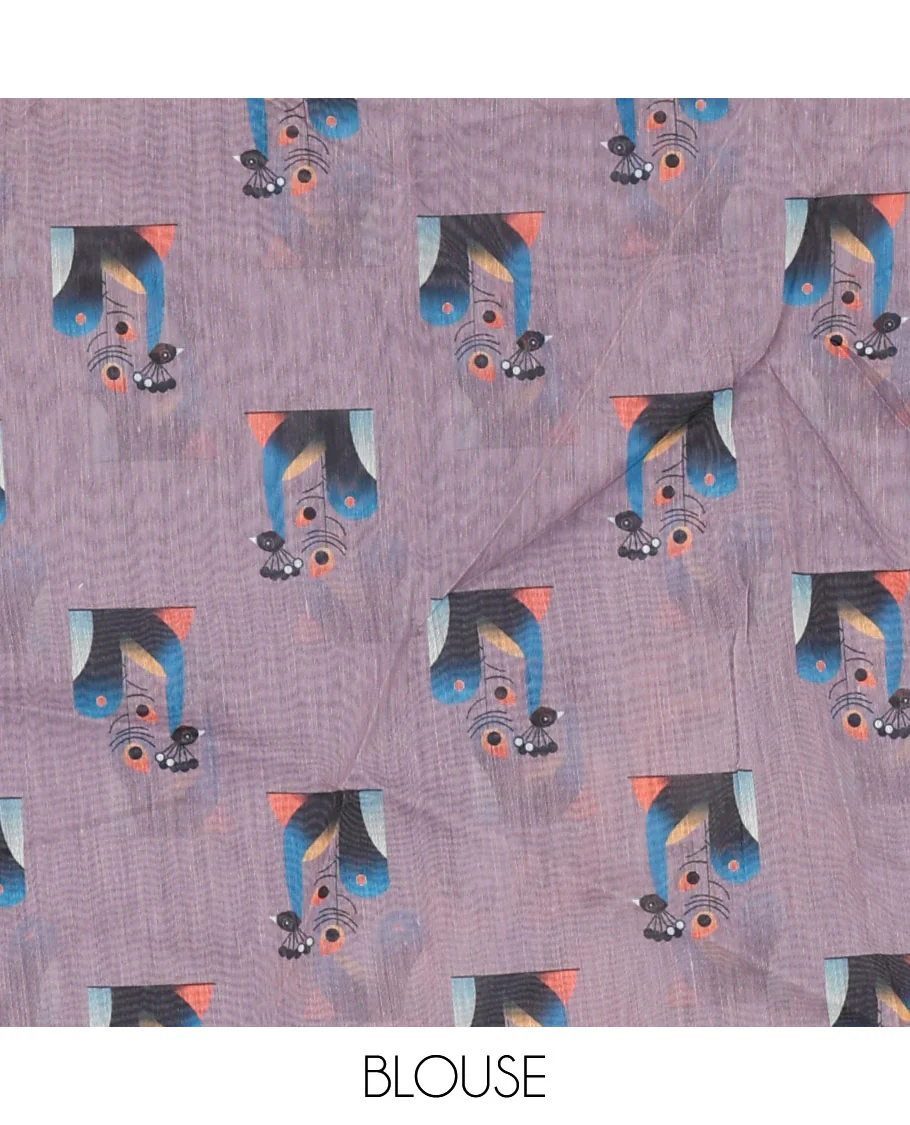 Borderless blue modern art style Radha Krishna motifs printed chanderi cotton saree, big Radha Krishna motifs printed pallu and a contrast printed blouse - Image 4