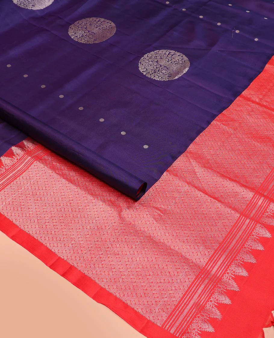 Borderless blue round buttas Mayuri soft silk saree, contrast pallu steeped with rudraksham motifs - Image 2