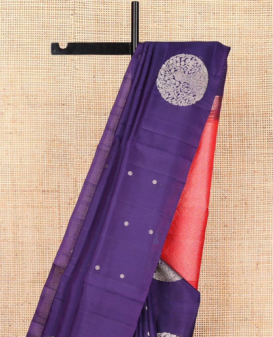 Borderless blue round buttas Mayuri soft silk saree, contrast pallu steeped with rudraksham motifs - Image 3