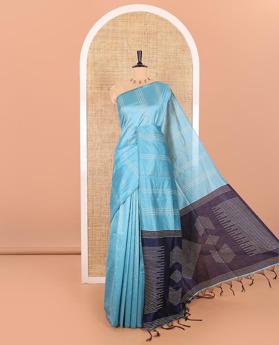 Borderless Blue Semi-Raw Silk Saree Featuring Elegant Vertical Sequin Stripes Running Across the Body, Complemented by a Contrast Thread-Work Pallu and Paired with a Contrast Blouse