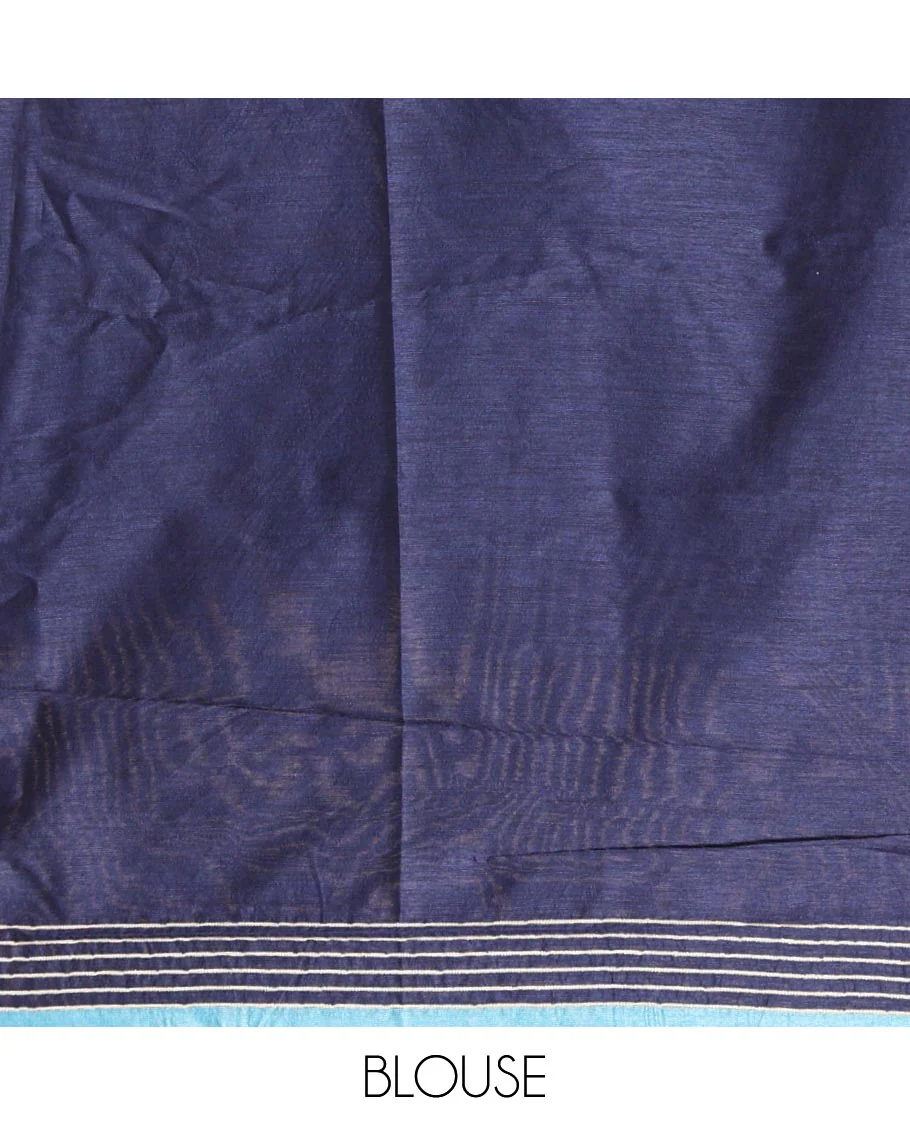 Borderless Blue Semi-Raw Silk Saree Featuring Elegant Vertical Sequin Stripes Running Across the Body, Complemented by a Contrast Thread-Work Pallu and Paired with a Contrast Blouse - Image 3