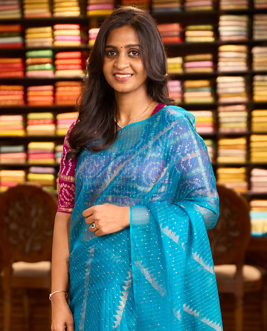 Borderless blue sequins embroidery and temple design, organza silk saree - Image 2