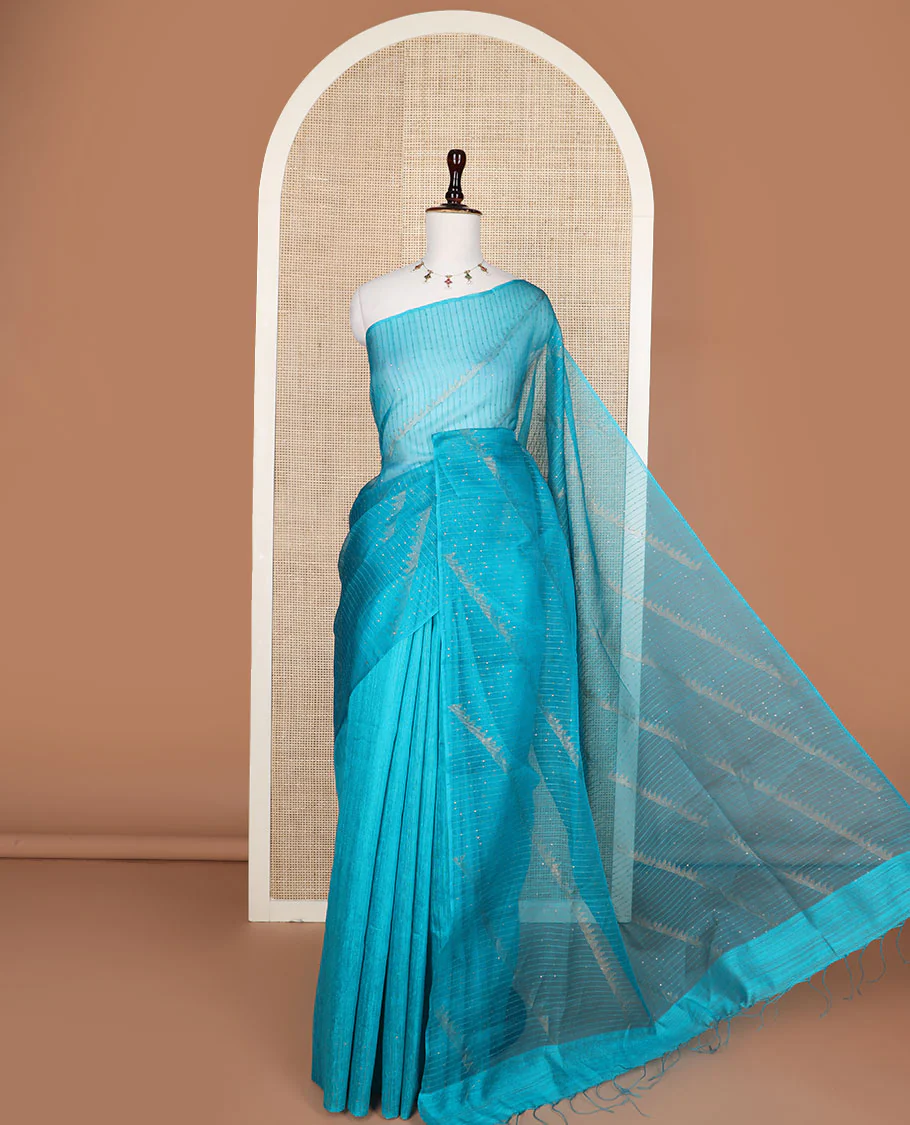 Borderless blue sequins embroidery and temple design, organza silk saree - Image 3