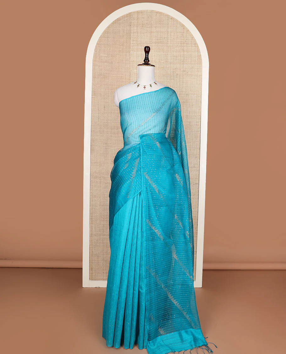 Borderless blue sequins embroidery and temple design, organza silk saree - Image 5