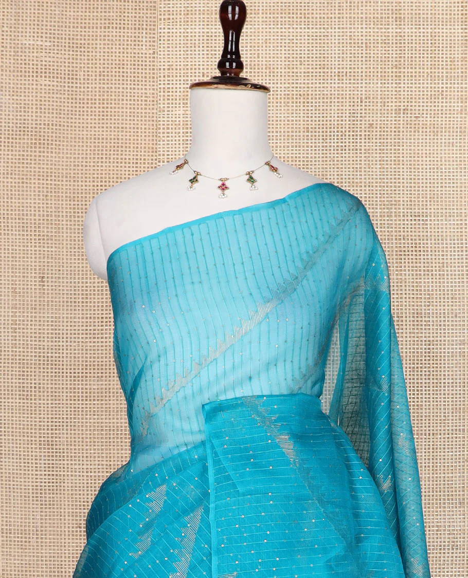 Borderless blue sequins embroidery and temple design, organza silk saree - Image 7