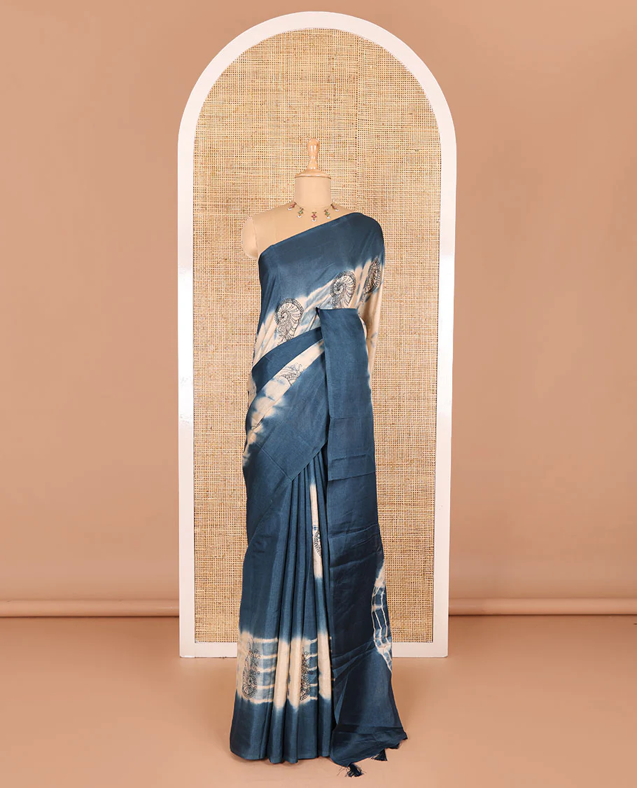 Borderless blue shibori printed with shell motifs, blockprinted Manipur tussar saree, shibori printed pallu, and a plain matching blouse - Image 2