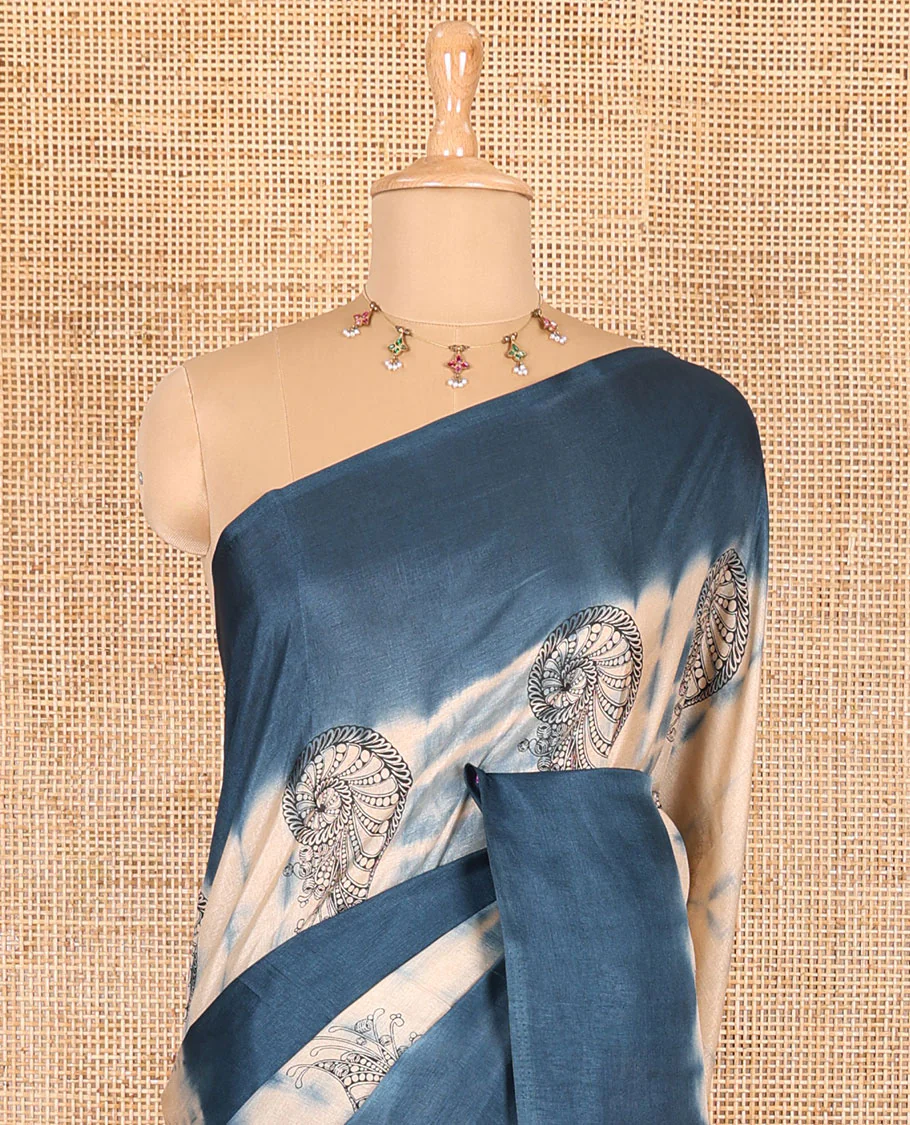 Borderless blue shibori printed with shell motifs, blockprinted Manipur tussar saree, shibori printed pallu, and a plain matching blouse - Image 3