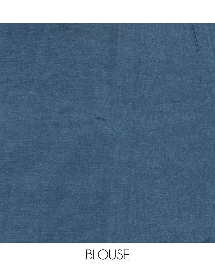 Borderless blue shibori printed with shell motifs, blockprinted Manipur tussar saree, shibori printed pallu, and a plain matching blouse - Image 4