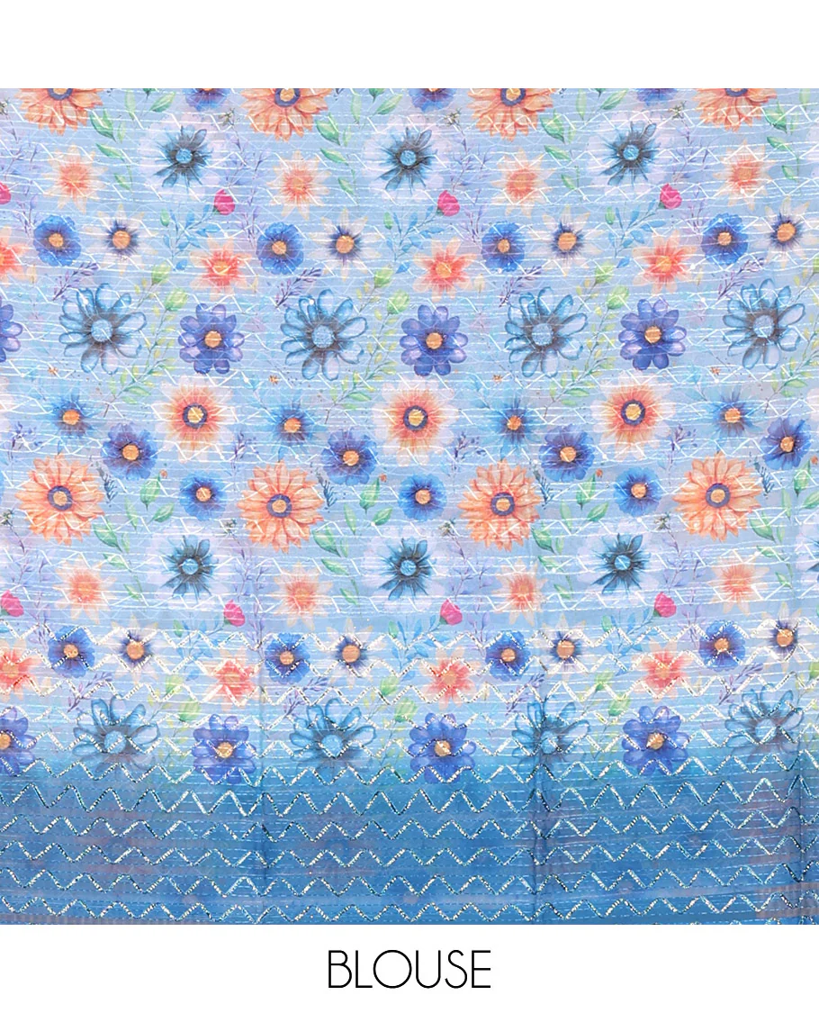 Borderless blue sparkling glitter russel net saree with self-pallu, and a contrast floral printed and zig-zag patterned blouse - Image 3