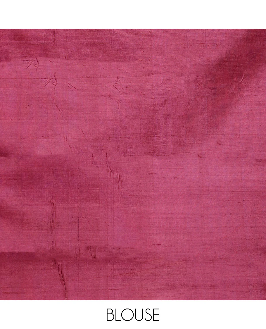 Borderless blue square and temple buttas Banana pith saree, contrast pallu of stripes, and temple designs - Image 3