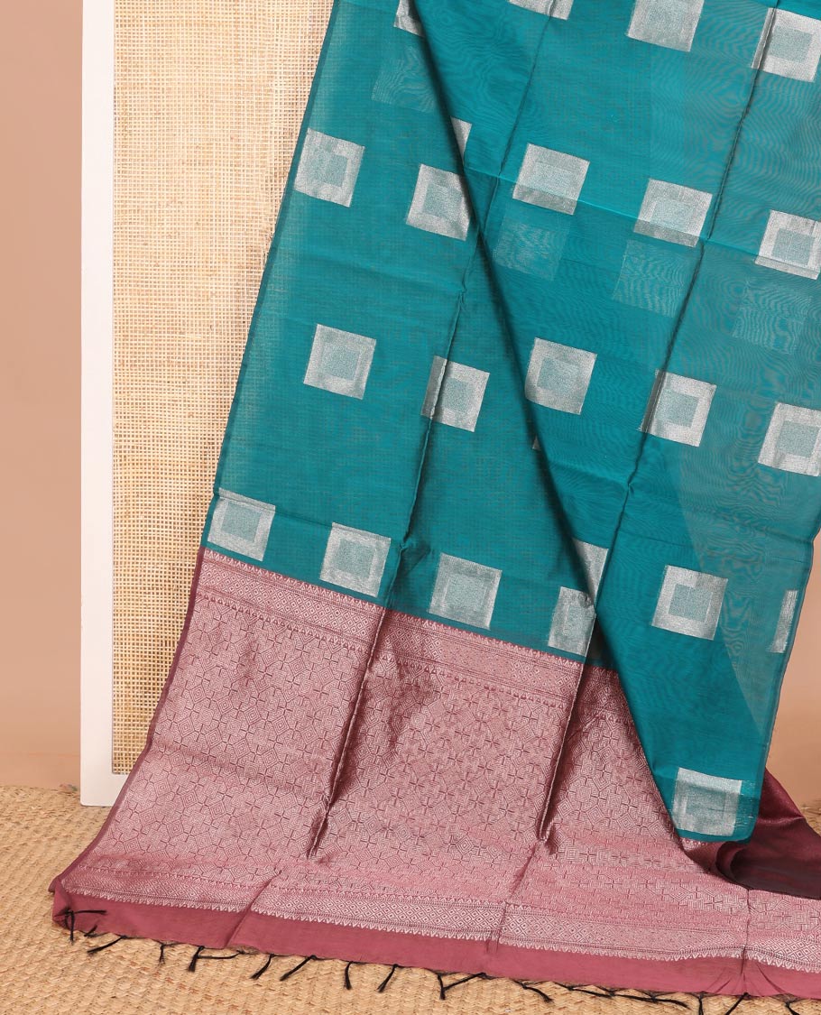 Borderless blue square buttas semi-silk cotton saree, contrast intricately designed pallu - Image 2