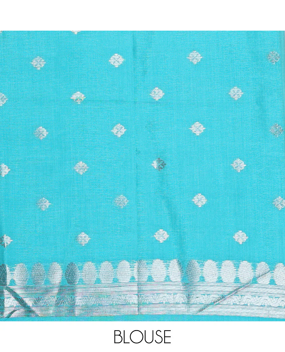 Borderless, blue striped, and zari traditional kanchi motifs fancy tussar saree, intricately zari-woven pallu, and a matching zari buttas woven blouse - Image 5