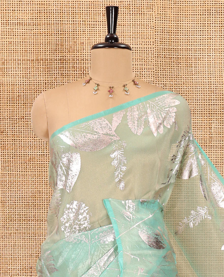Borderless blue tropical floral-leaf motifs foil printed glass tissue saree, tropical floral-leaf theme foil printed pallu - Image 2