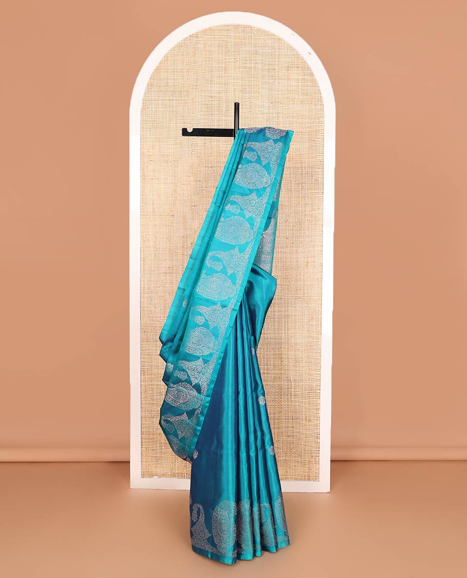 Borderless blue zari buttas and paisleys Mayuri soft silk saree, zari woven pallu of intricate designs