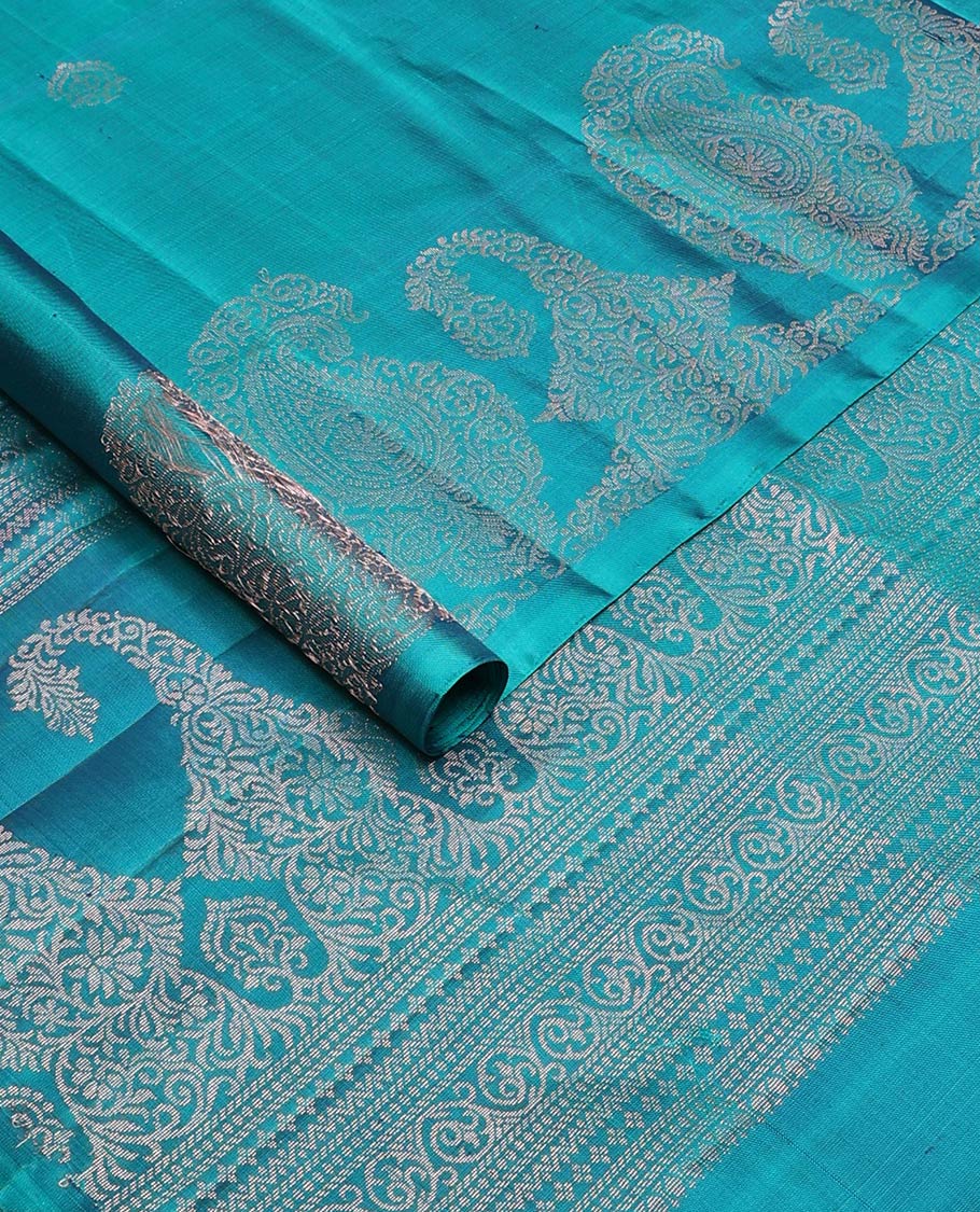 Borderless blue zari buttas and paisleys Mayuri soft silk saree, zari woven pallu of intricate designs - Image 2
