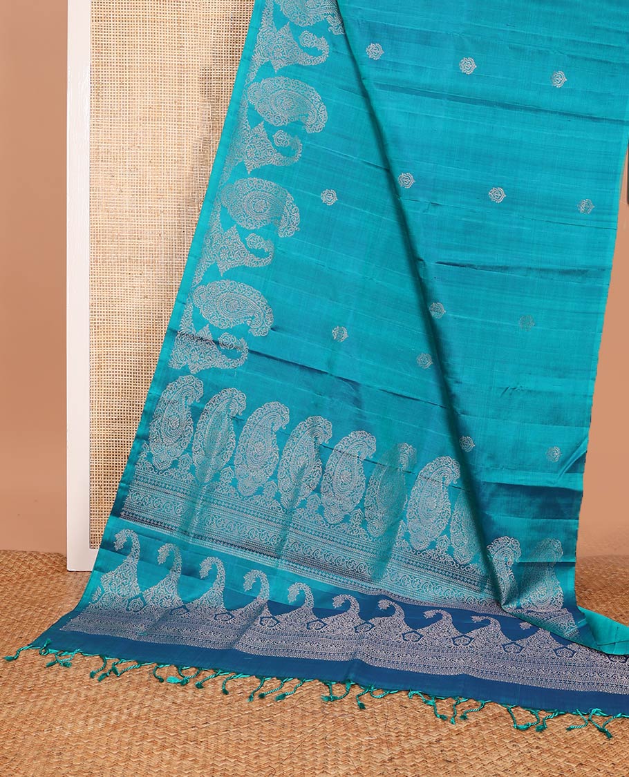 Borderless blue zari buttas and paisleys Mayuri soft silk saree, zari woven pallu of intricate designs - Image 3