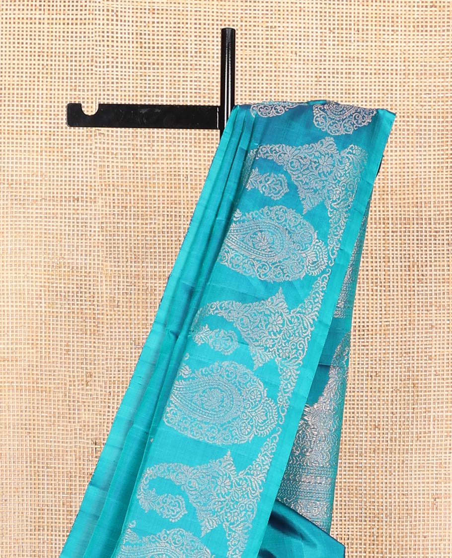 Borderless blue zari buttas and paisleys Mayuri soft silk saree, zari woven pallu of intricate designs - Image 4