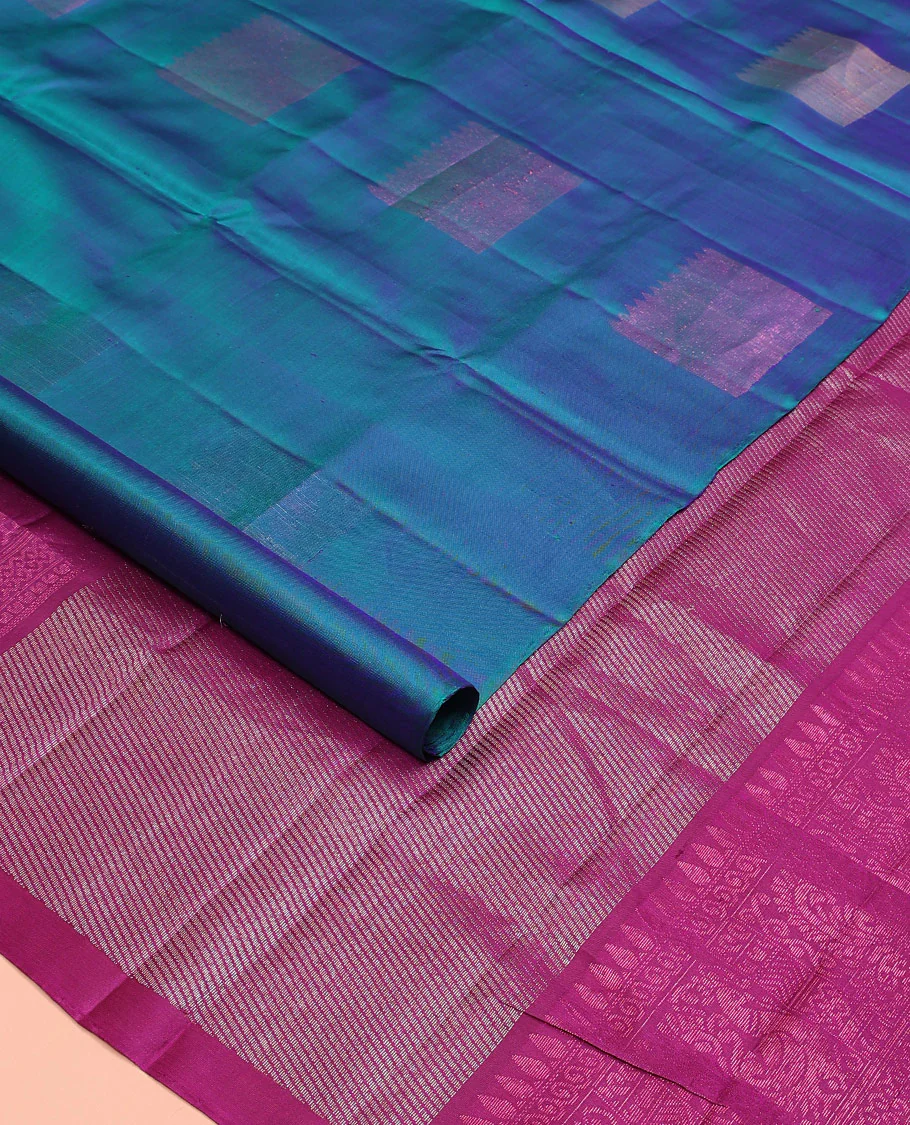 Borderless blue zari buttas Mayuri soft silk saree, contrast pallu of diagonal stripes - Image 2