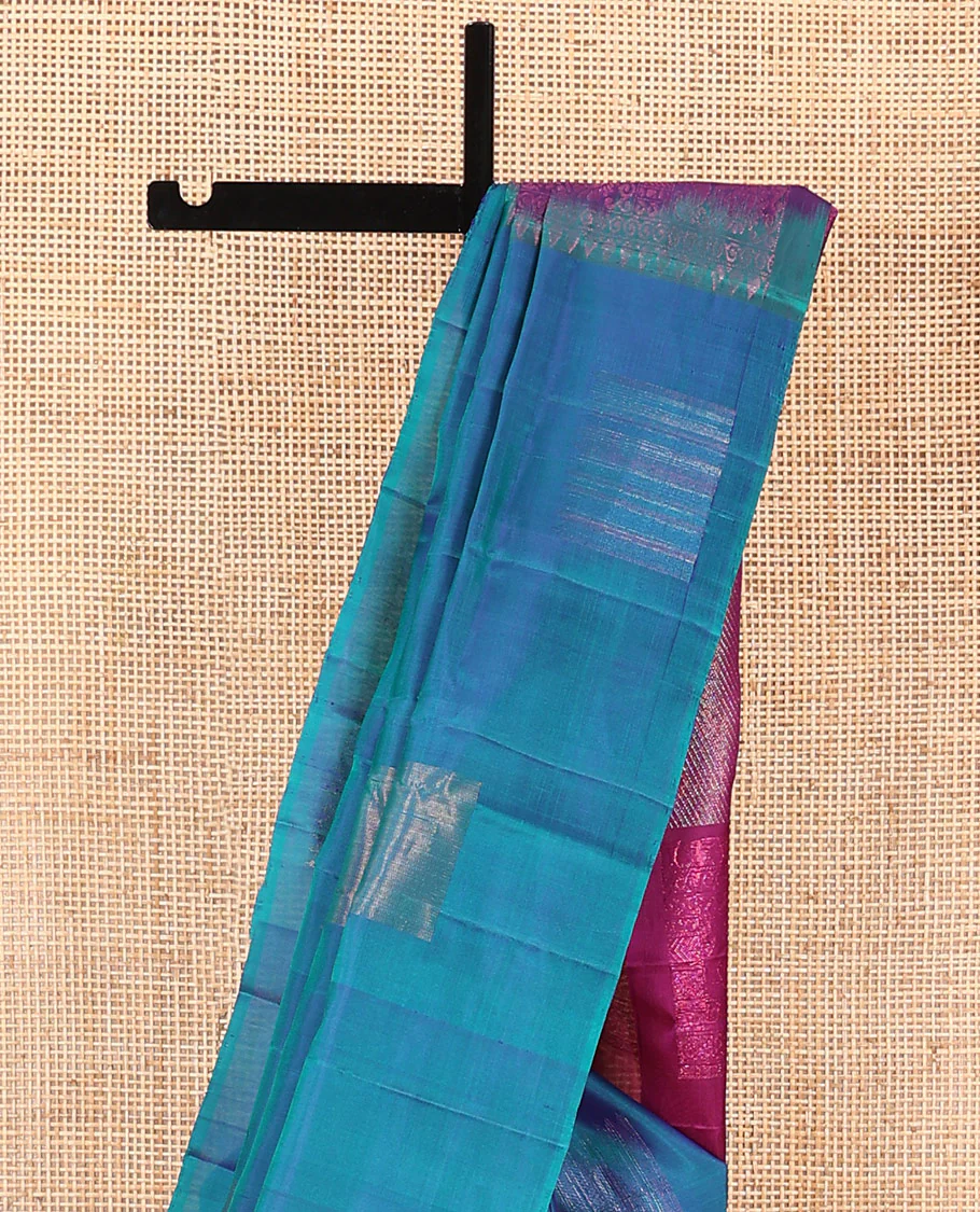 Borderless blue zari buttas Mayuri soft silk saree, contrast pallu of diagonal stripes - Image 3