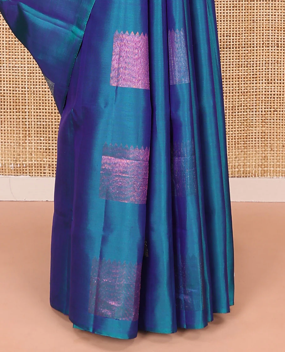 Borderless blue zari buttas Mayuri soft silk saree, contrast pallu of diagonal stripes - Image 4