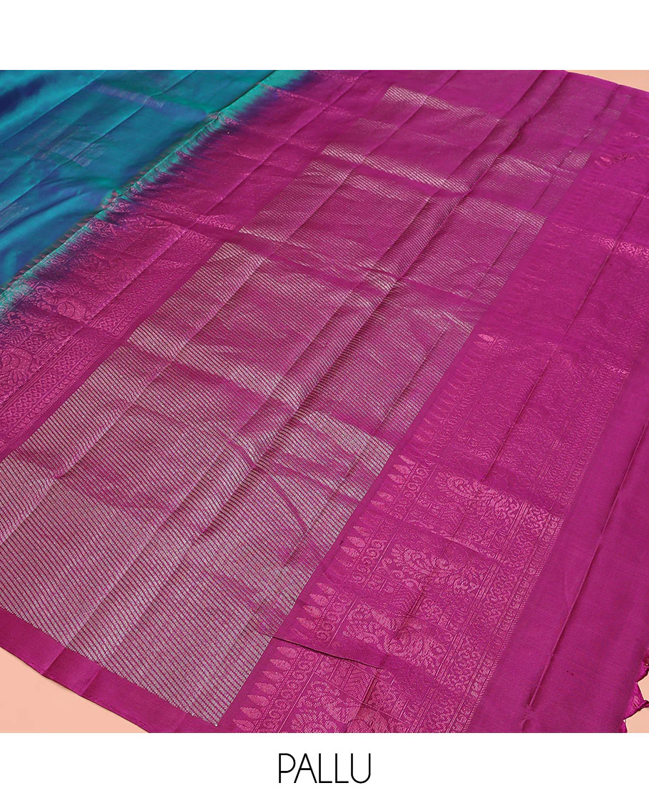 Borderless blue zari buttas Mayuri soft silk saree, contrast pallu of diagonal stripes - Image 5