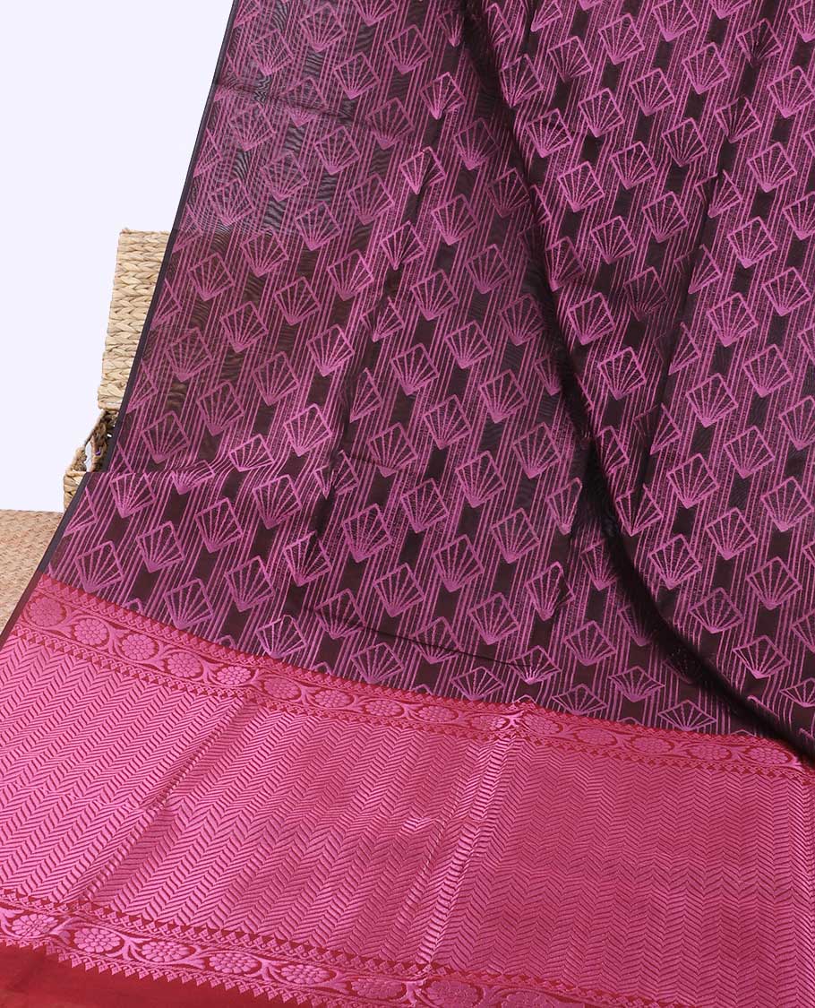 Borderless brown jacquard semi-silk cotton saree, contrast floral creeper & chevron pallu - Image 2