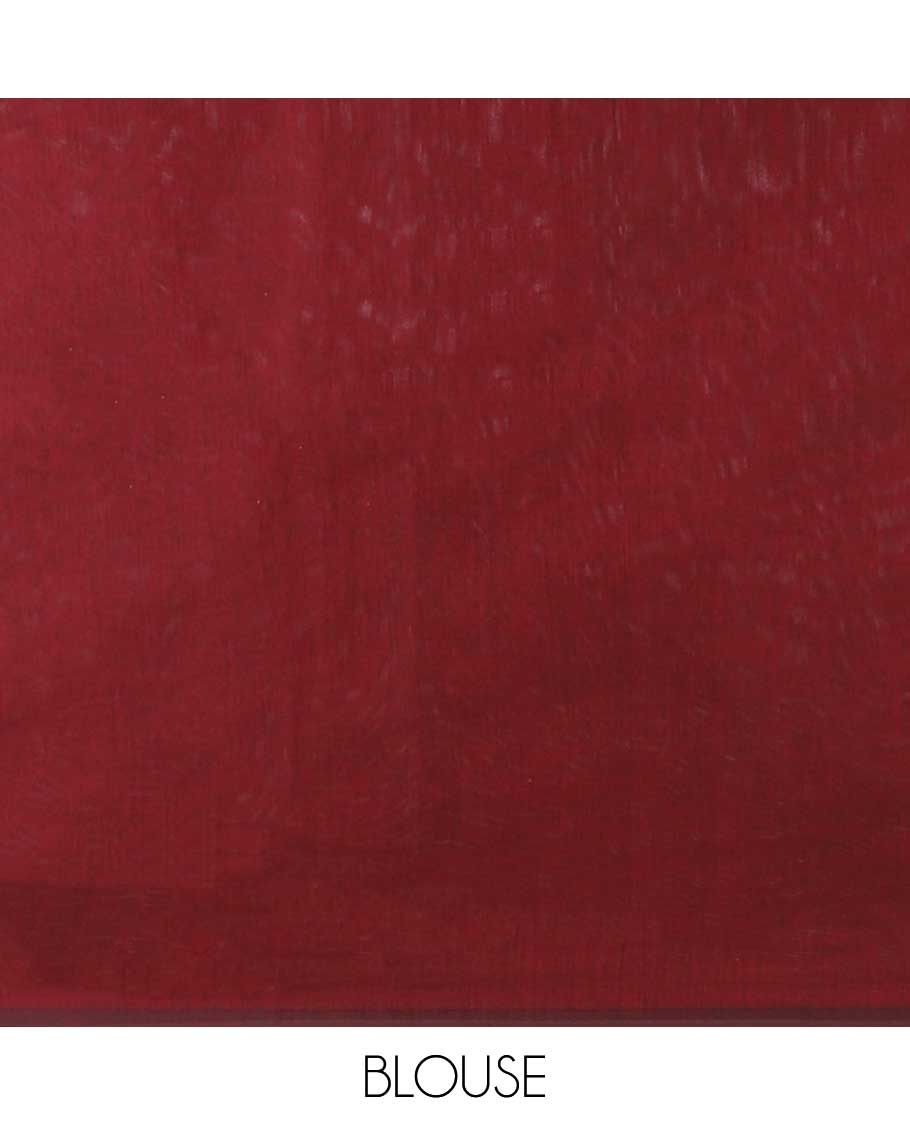 Borderless brown jacquard semi-silk cotton saree, contrast floral creeper & chevron pallu - Image 3
