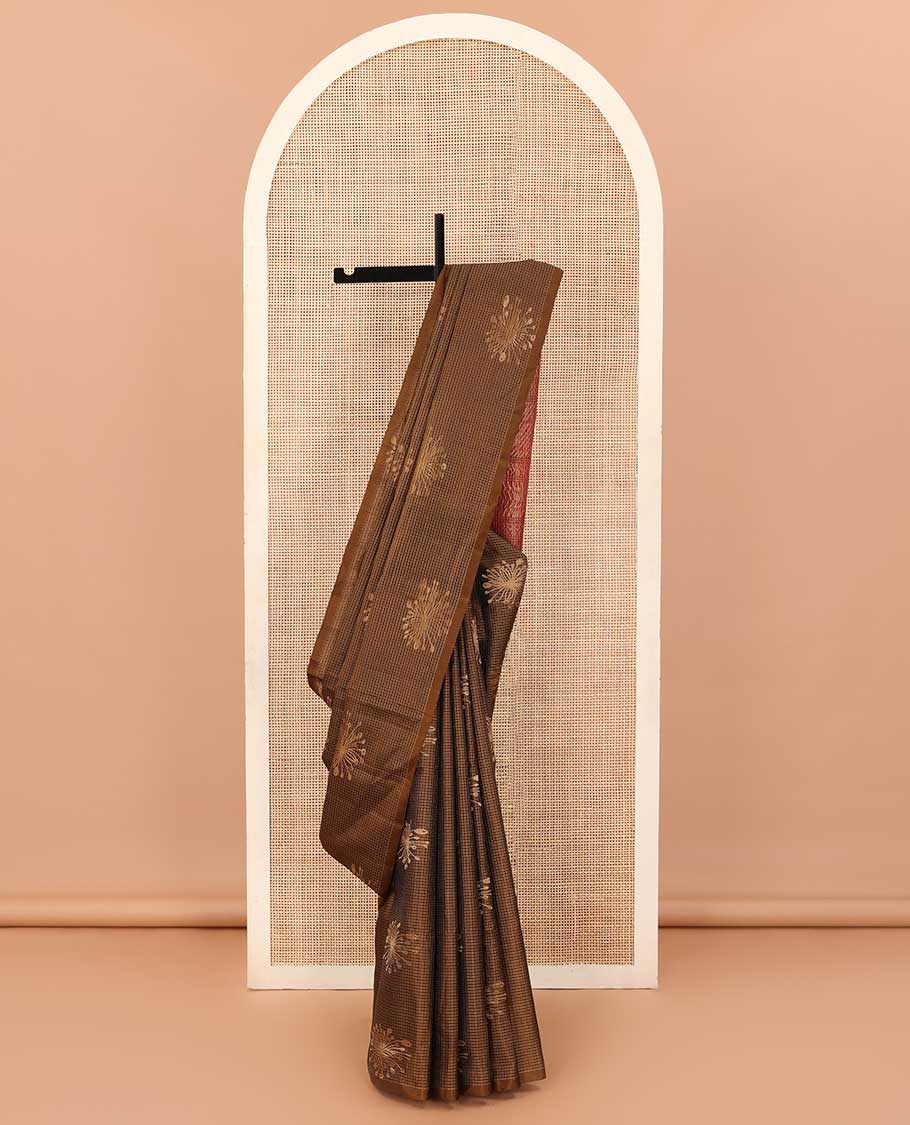 Borderless brown micro-checked and floral zari buttas Mayuri soft silk saree, contrast geometric patterned pallu