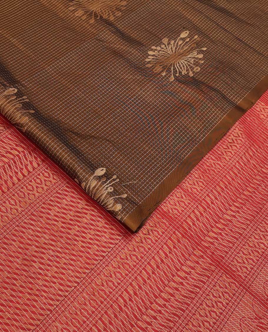 Borderless brown micro-checked and floral zari buttas Mayuri soft silk saree, contrast geometric patterned pallu - Image 2