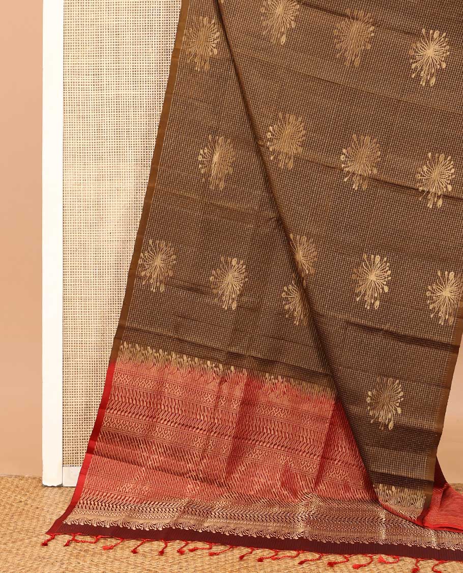Borderless brown micro-checked and floral zari buttas Mayuri soft silk saree, contrast geometric patterned pallu - Image 3