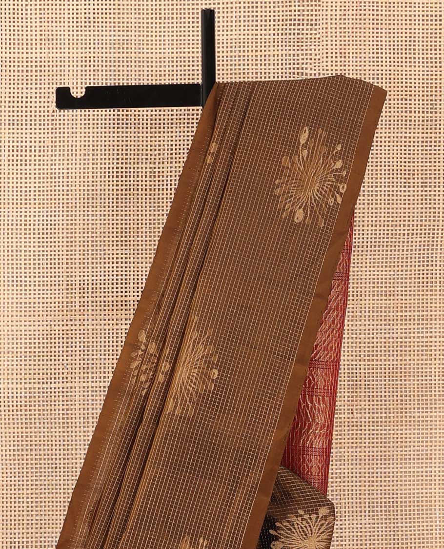 Borderless brown micro-checked and floral zari buttas Mayuri soft silk saree, contrast geometric patterned pallu - Image 4