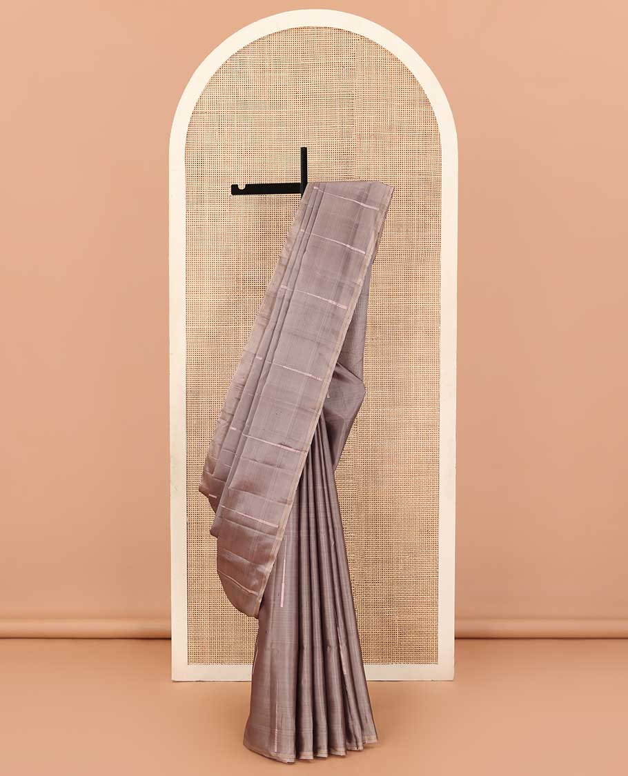 Borderless brown temple zari buttas Mayuri soft silk saree, zari-rich checked pallu
