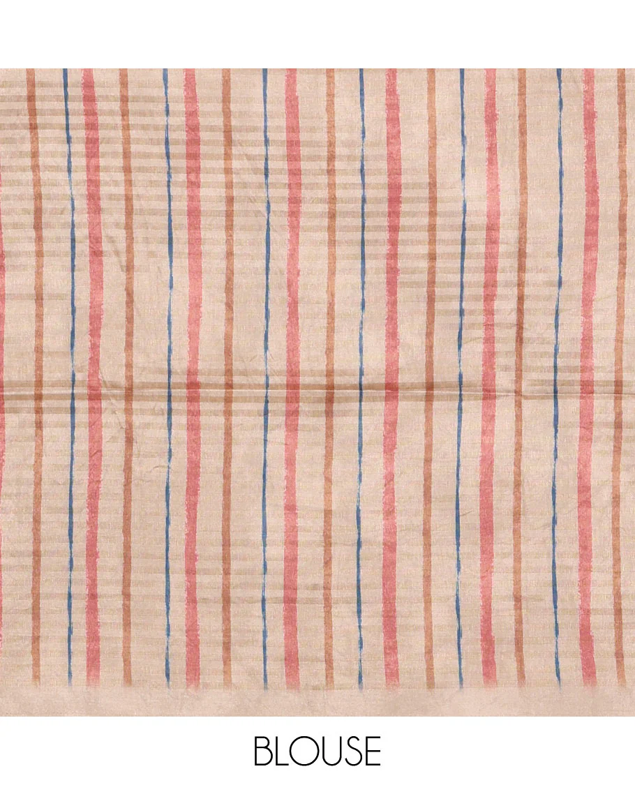 Borderless chikku checked & stripes printed fancy tussar saree, contrast painting-style Indian woven motifs printed pallu & checked printed blouse - Image 4