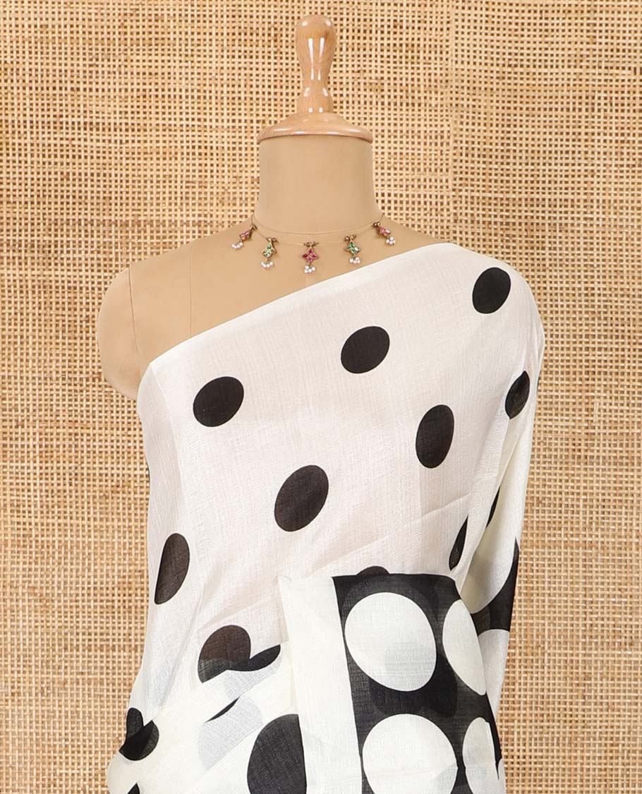 Borderless cream and black polka dots printed art khadi cotton saree, pallu steeped with polka dots, and a contrast tiny polka dots printed blouse - Image 3