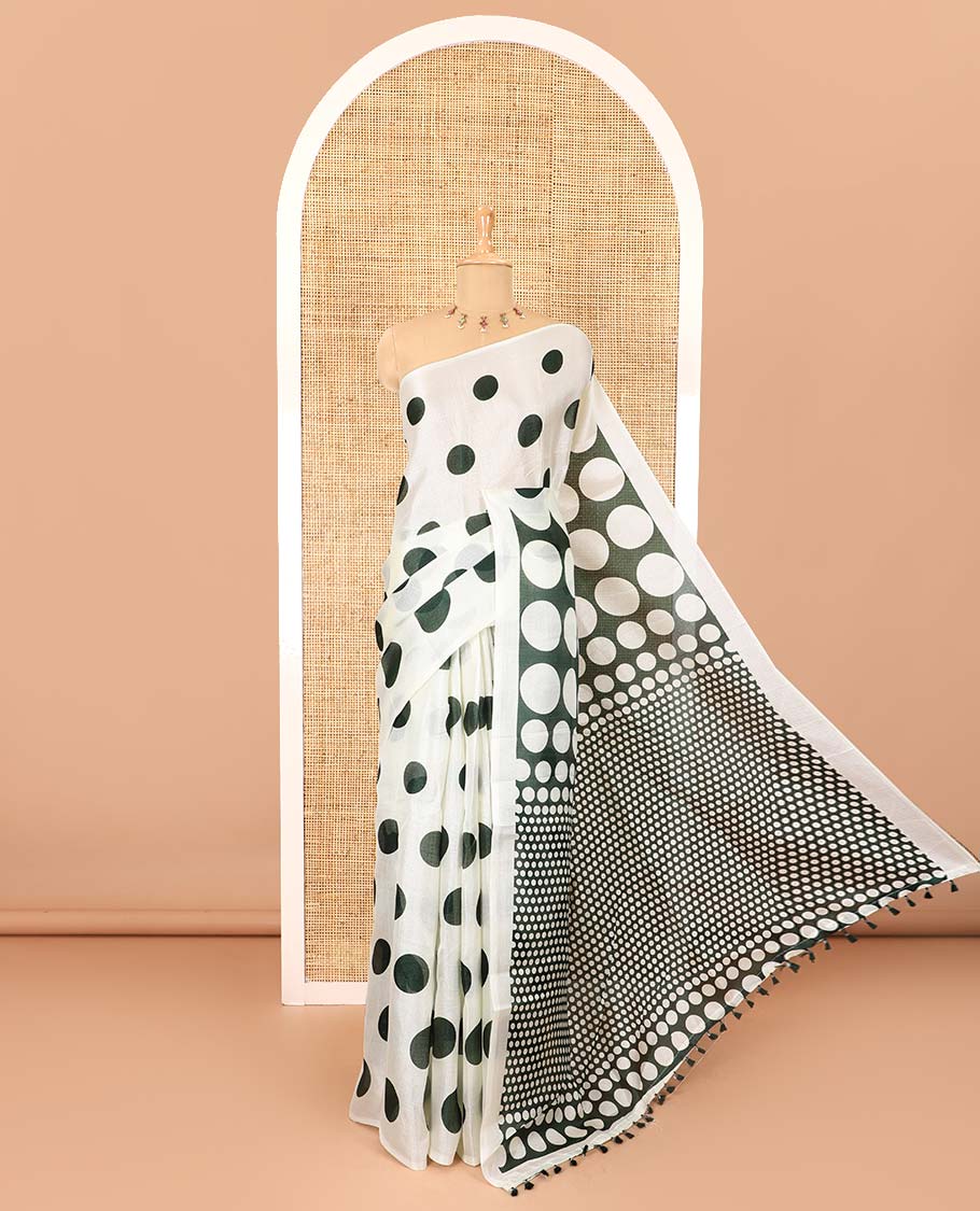 Borderless cream and green polka dots printed art khadi cotton saree, pallu steeped with polka dots, and a contrast tiny polka dots printed blouse - Image 2